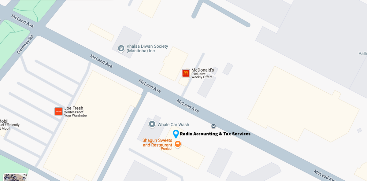 Map showing Radix Accounting and Tax Services location on McLeod Avenue in Winnipeg