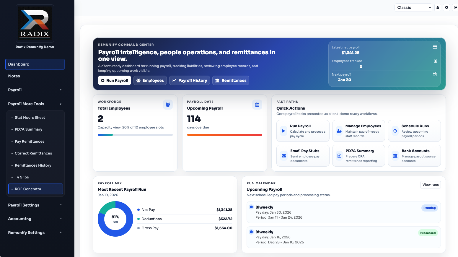 Radix Remunify payroll software dashboard interface